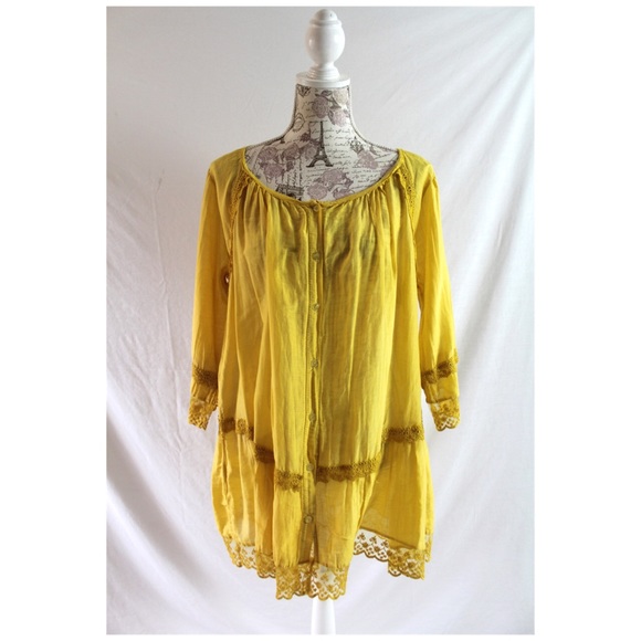 Golden Yellow Boho Tunic Blouse Silk Blend Italy L - Picture 4 of 7